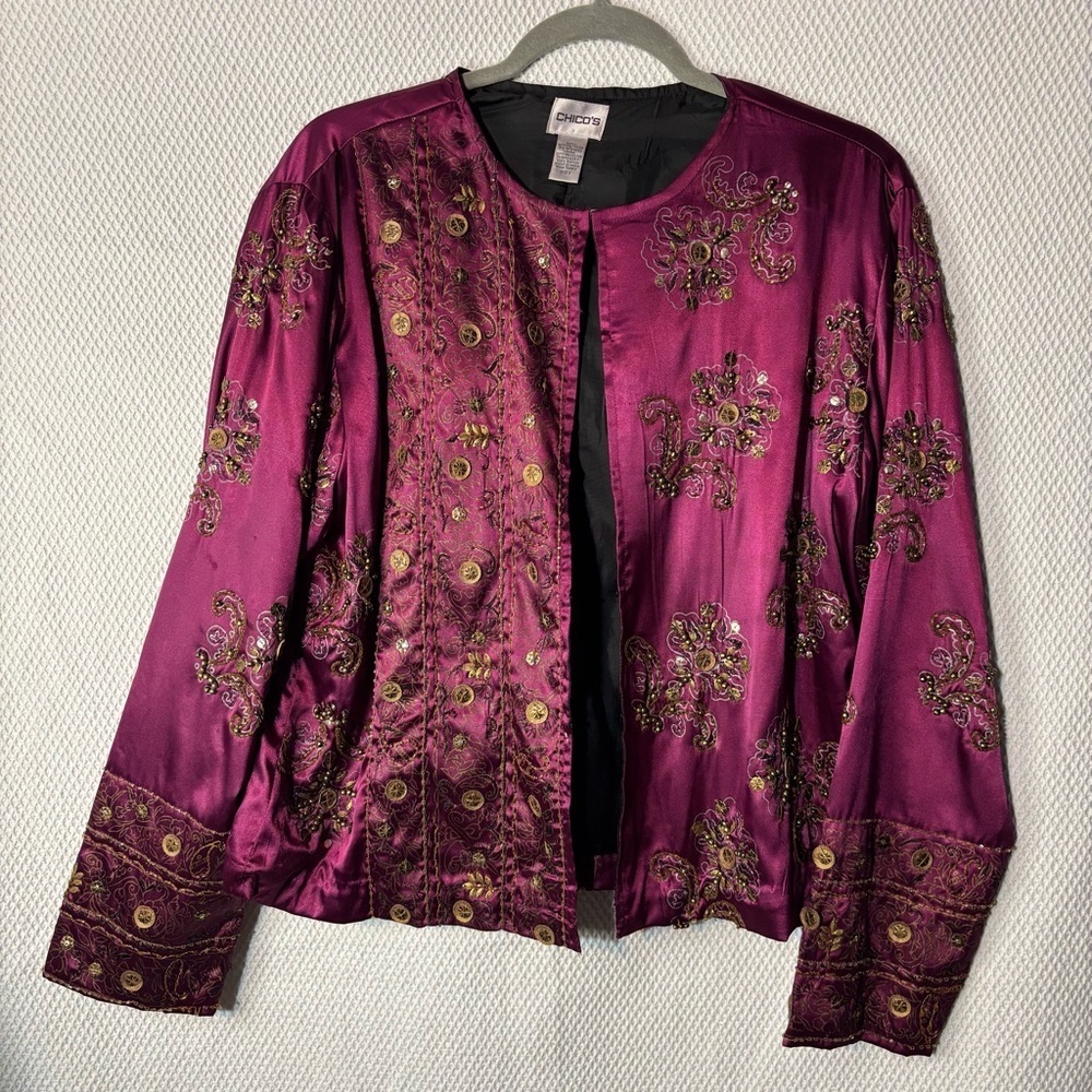 Chico's Sz 2 (US L) Blazer Embellished with Beads Lined Hook Eye Closure